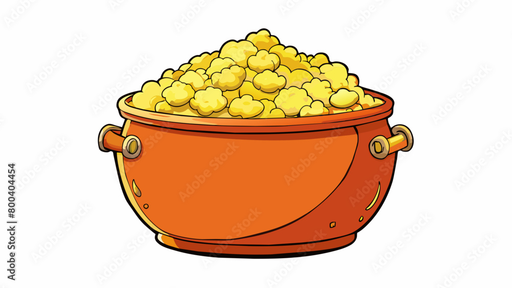 Aufkleber A homemade snack popped on the stovetop in a large pot with a lid. The kernels are lightly browned and generously coated in melted butter and various. Cartoon Vector.