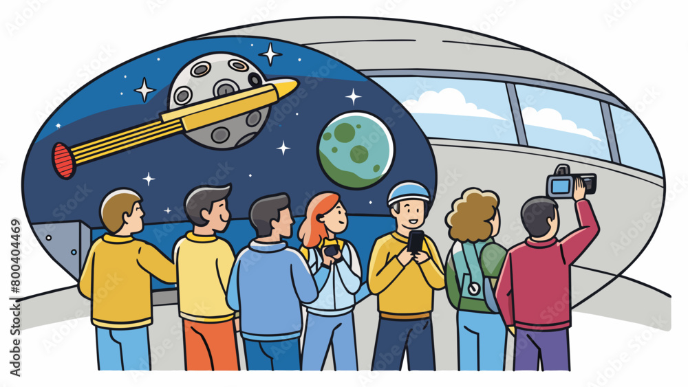 Aufkleber A group of tourists huddle together in the observation deck of a large orbiting space station eagerly snapping photos of a nearby comet as the. Cartoon Vector.