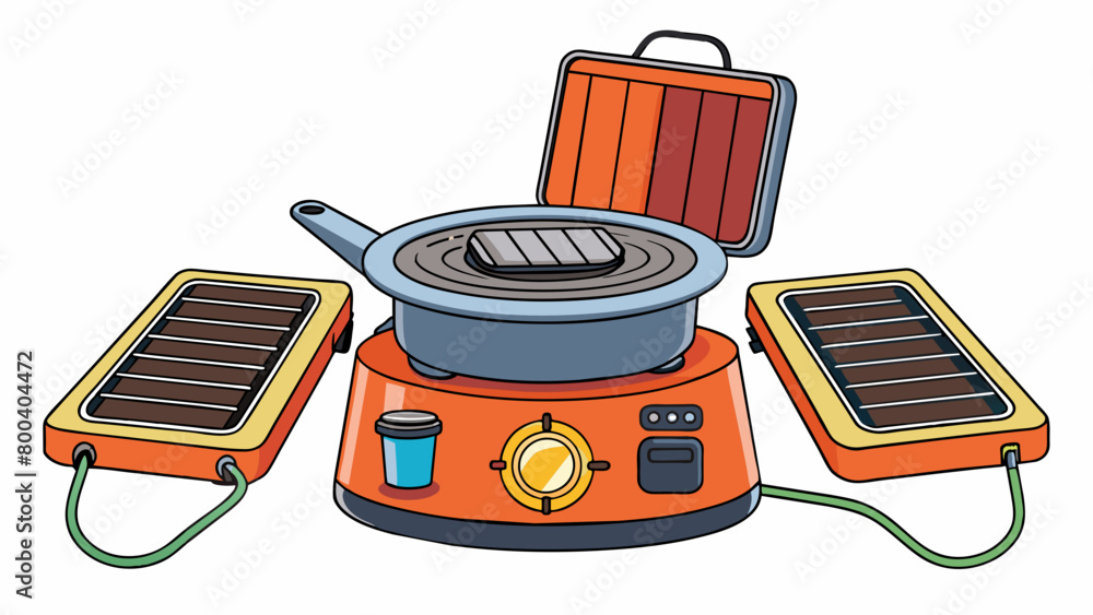 Poster A hightech camp stove with a rechargeable battery and LED display. It has multiple cooking options including a grill and griddle and is equipped with. Cartoon Vector.