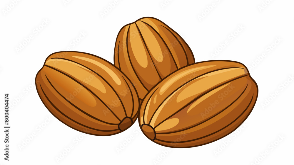 Poster A handful of tancolored nuts with a slight curve and pointed ends. Their smooth hard shells are a deep shade of brown with faint hints of green. . Cartoon Vector.