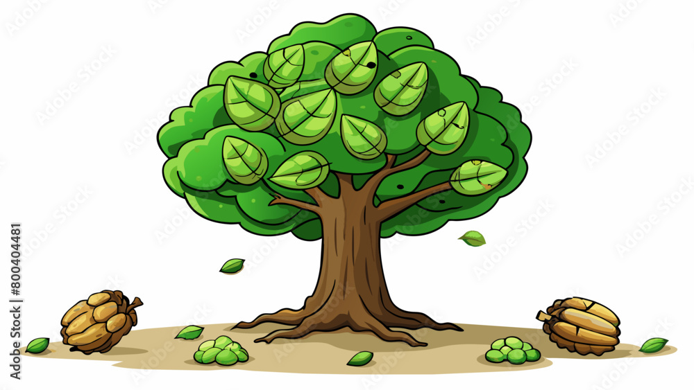 Poster a harvested walnut tree its tall trunk and branches adorned with s of green leaves and small round n