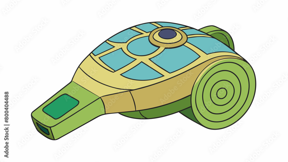 Poster A handmade clay whistle in the shape of a turtle with handpainted designs and a delicate shelllike texture. When played it creates a soft calming. Cartoon Vector.