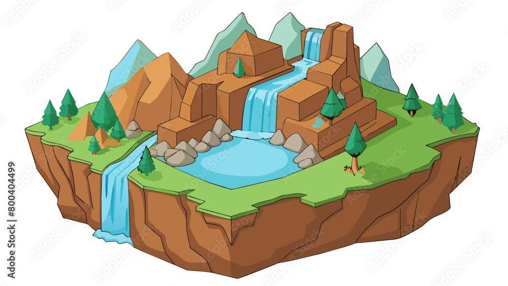 Poster A hidden oasis nestled a the rugged cliffs of a remote mountain range. The crystal clear water flows down from a small waterfall creating a tranquil. Cartoon Vector.