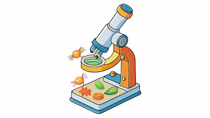A handheld toy microscope made of transparent plastic with a magnification lens attached to one end and a rotating wheel for focusing. The object tray. Cartoon Vector.