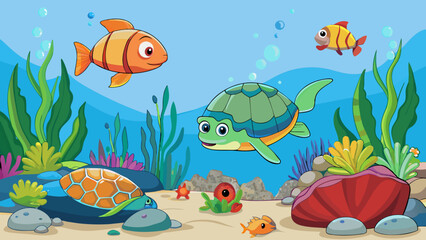 Naklejka premium A haven for curious critters brightly colored fish with long pointy snouts swim playfully around large boulders covered in colorful ly plants. Nearby. Cartoon Vector.