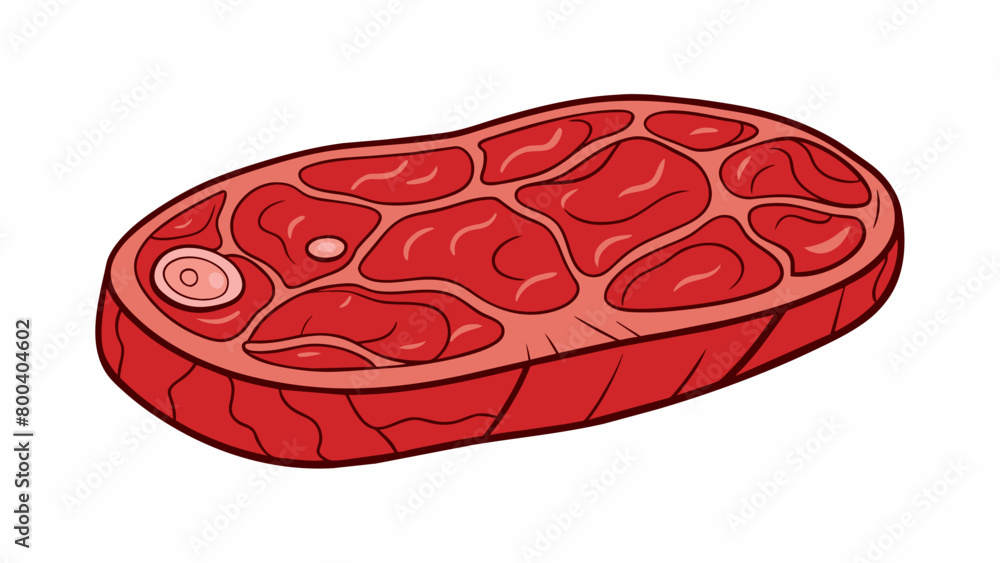 Poster A labgrown piece of meat resembling a small steak but with a unique texture and pattern. This piece of meat was created using cells from a specific. Cartoon Vector.