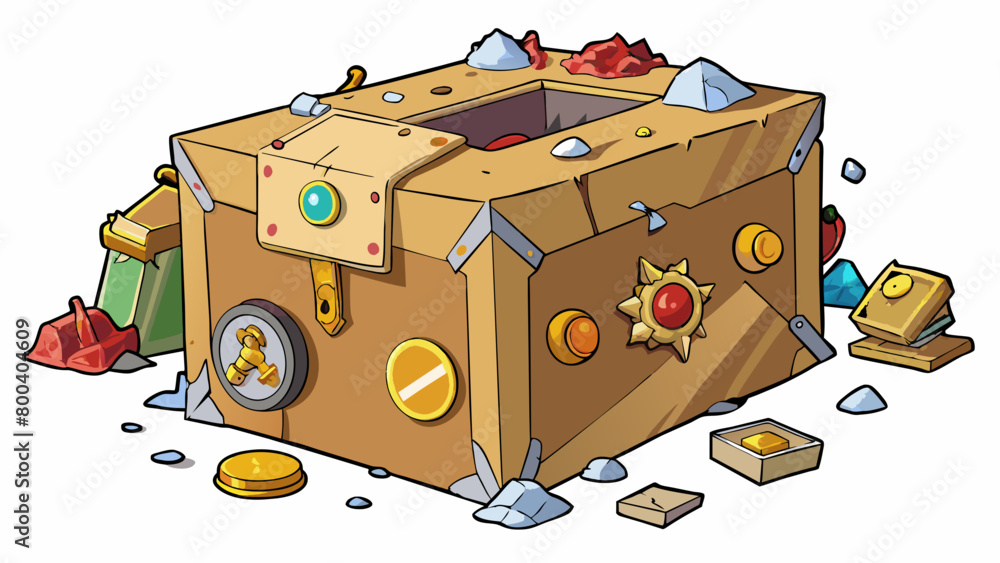 Aufkleber a large cardboard box with peeling corners and tattered edges. the box is filled to the brim with va