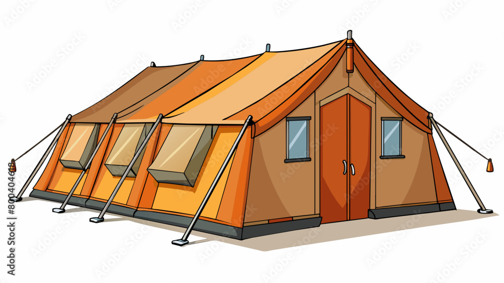 Poster a large family tent with multiple rooms and a tall cabinstyle design. the tent is made of heavyduty 