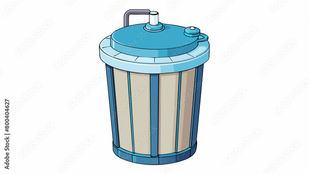 Poster A large cylindrical tank made of durable plastic with a lid on top and a tap at the bottom. Inside there are several layers of fine sediment carbon. Cartoon Vector.