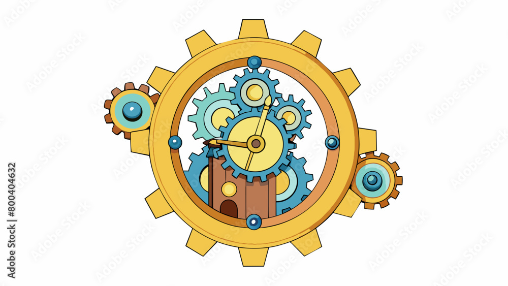 Poster A large intricately designed clock with gears and cogs. As the hands move a portal appears in the center allowing for time travel.  on white. Cartoon Vector.