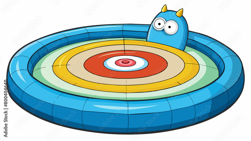 Poster A large inflatable Bullseye sits in the middle of a pool ready for a game of darts. Its surface is smooth and bouncy making it a fun challenge to hit. Cartoon Vector.