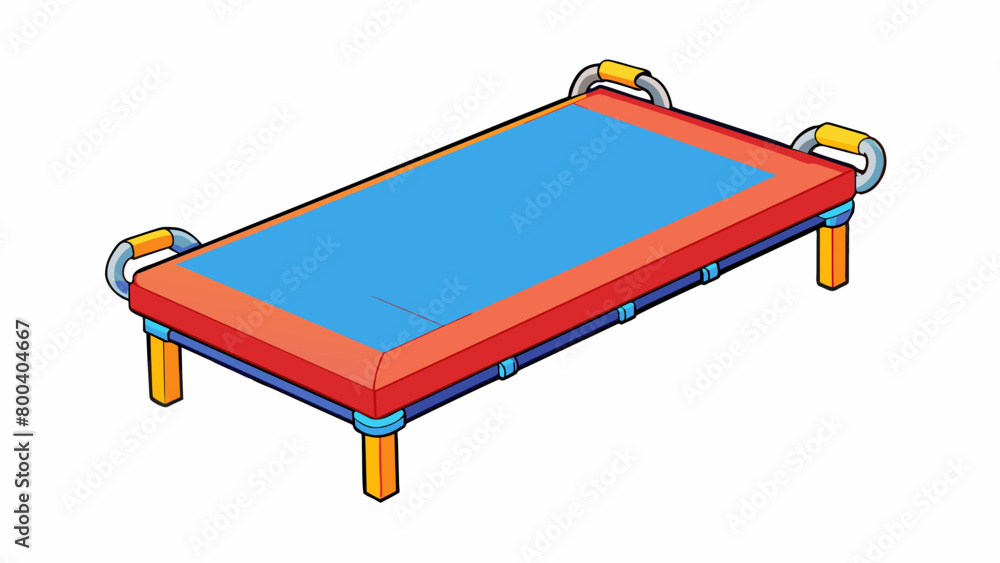 Poster A large multifunctional mat with a velvety top layer and a grippy bottom layer used for a variety of gymnastics equipment exercises such as bars rings. Cartoon Vector.