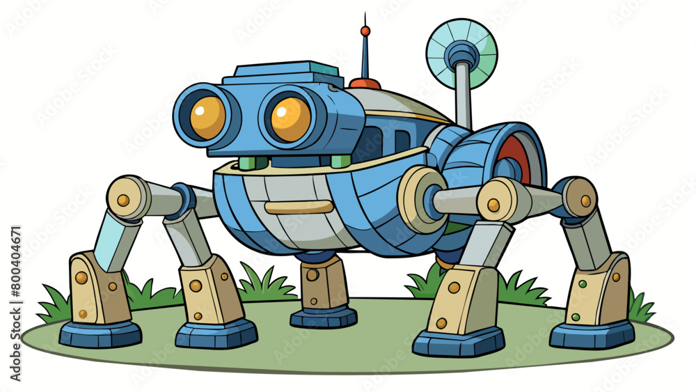 Poster A large fourlegged security robot with an intimidating appearance roams a park after dark using its bright LED lights and loudspeaker to deter. Cartoon Vector.