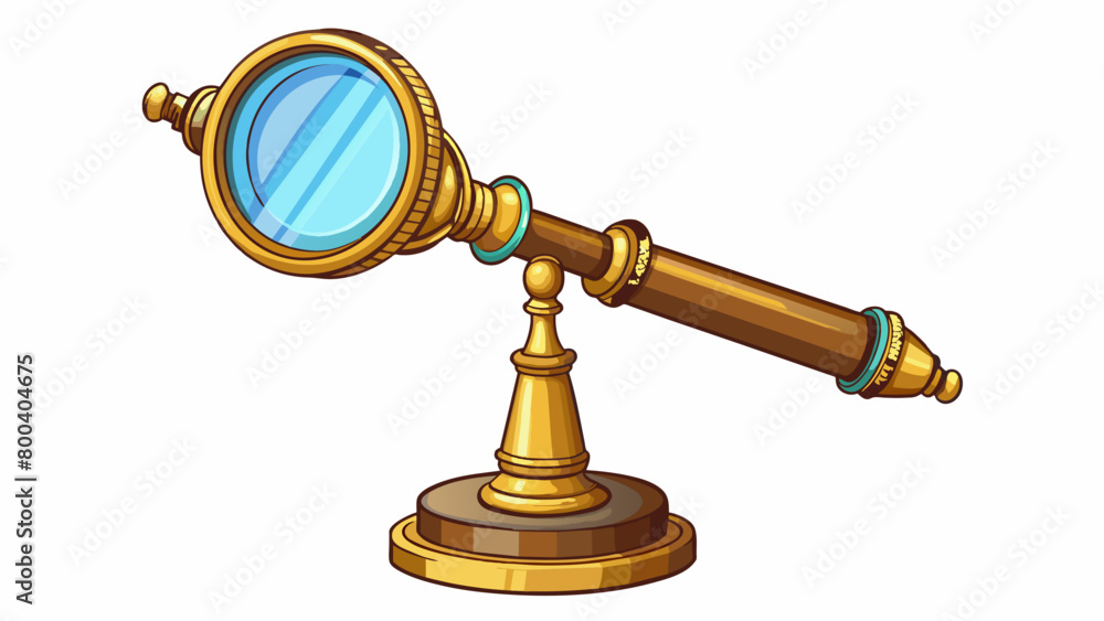 Poster a large ornate magnifying glass mounted on a wooden stand. the lens is rectangular with a gold trim 