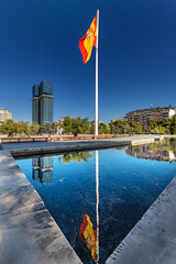 Characteristic national flag of the Plaza de Colón in Madrid, Spain