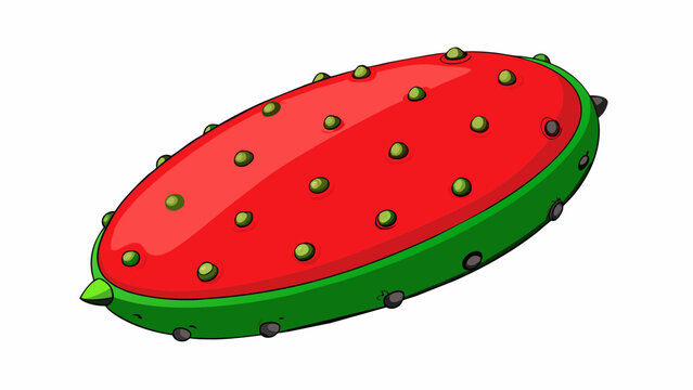 A large oblong fruit with a hard green exterior and a smooth and juicy red interior. Its juicy is sprinkled with tiny black seeds giving it a. Cartoon Vector.