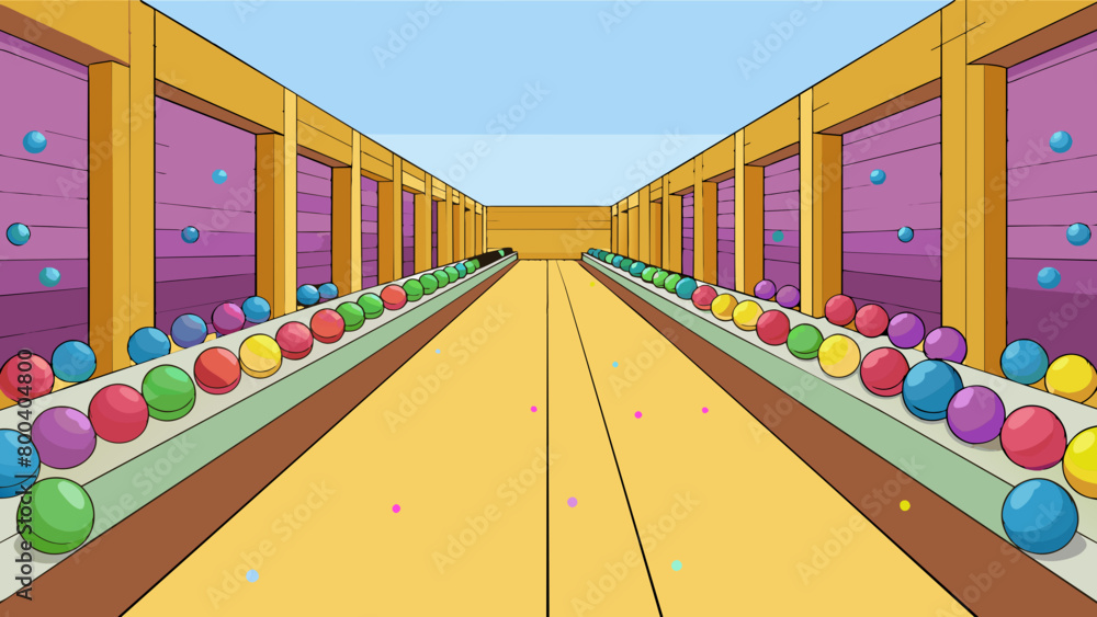 Poster a large wooden room filled with shiny colorful balls. each ball has three holes for fingers and a sm