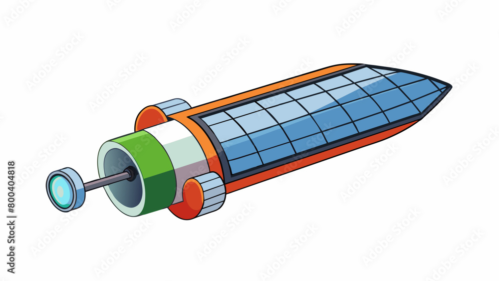 Aufkleber A long cylindrical object resembling a rocket but with solar panels attached. It is traveling at a steady pace and has a small round camera visible on. Cartoon Vector.