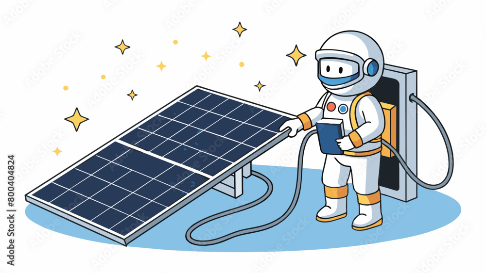 Poster a lone astronaut stands on the outside of a space station secured by a harness as they perform maint