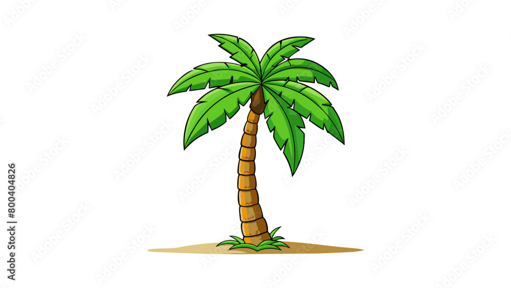 Aufkleber A lone palm tree standing tall on a deserted beach its sy trunk bent at a slight angle as if bowing towards the crystal clear ocean. Its feathery. Cartoon Vector.