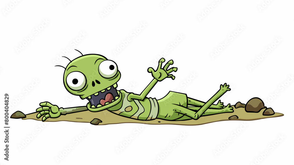 Poster A lone zombie lying on the ground in a desolate wasteland its arms reaching out towards the sky in a futile attempt to stand. Its oncehuman features. Cartoon Vector.