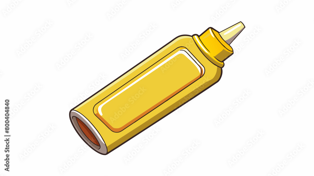 Poster a long thin squeeze bottle filled with a pale yellow liquid. the mustard has a smooth consistency an