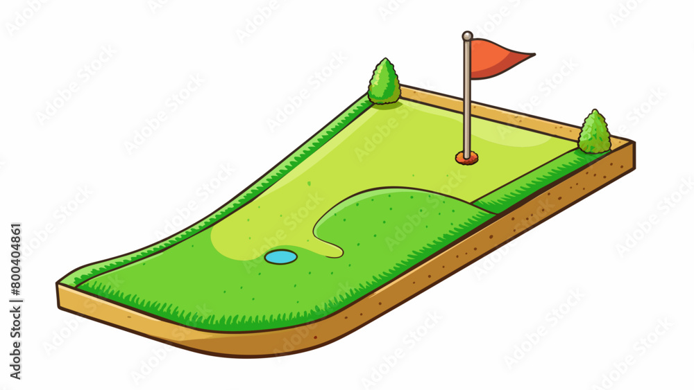 Poster A lush green carpet of grass that looks like it belongs in a movie set. It has a gentle incline towards the hole which is adorned with a bright flag. Cartoon Vector.