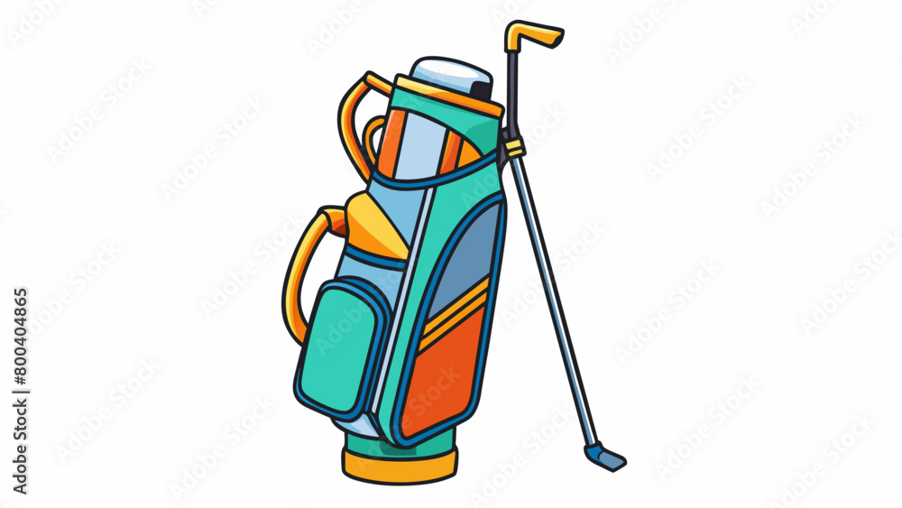 Poster A lightweight colorful bag with a sleek design and a stand for convenient placement on the course. The bag has a large zippered pocket for extra. Cartoon Vector.