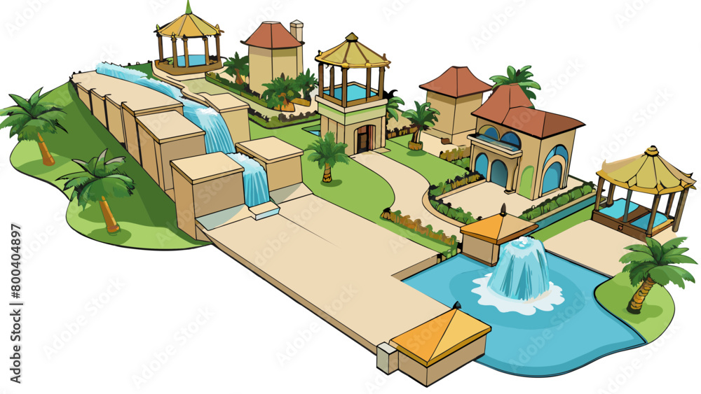 Aufkleber A luxurious oasis resort complete with palm treelined pathways luxurious cabanas and a rock waterfall cascading into a luxurious pool. The resort. Cartoon Vector.