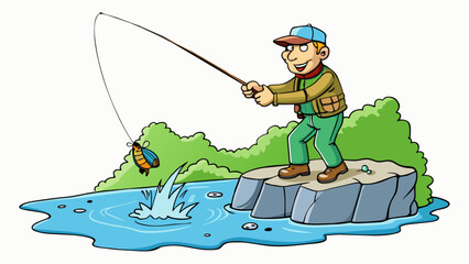 A lone fisherman stands on the rocky shore of a raging river using a fly fishing technique to lure the wild trout to his line. He expertly casts his. Cartoon Vector. - obrazy, fototapety, plakaty