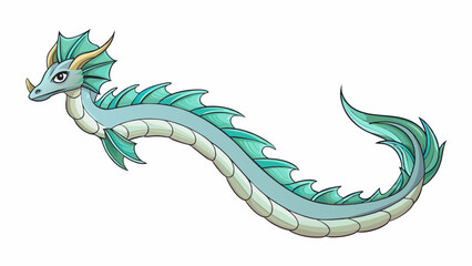 A long sinuous creature with shimmering iridescent scales swims gracefully through the ocean its hypnotic movements captivating all who gaze upon it.. Cartoon Vector.