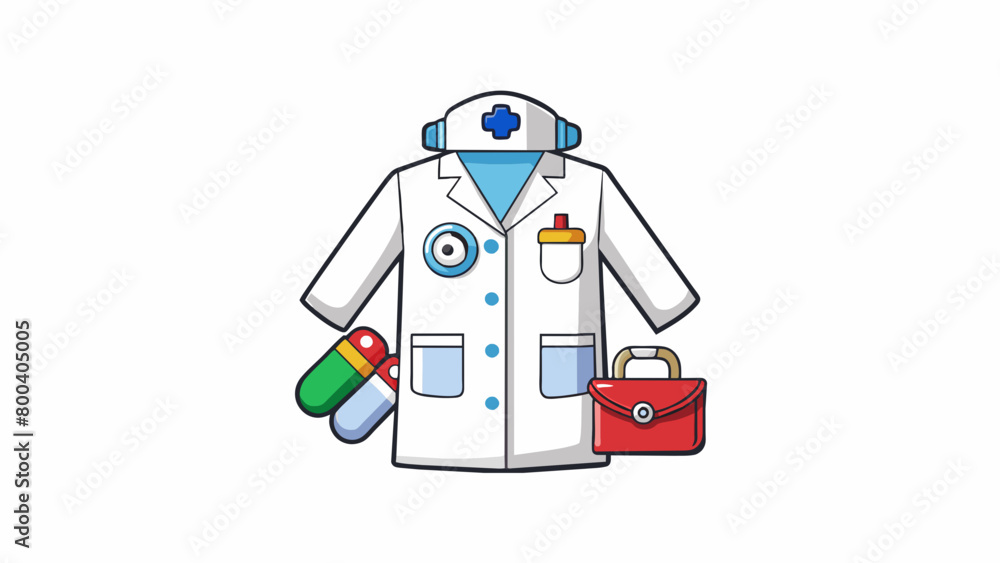 Poster a mini white lab coat with a velcro closure complete with a toy name badge and pockets holding a toy