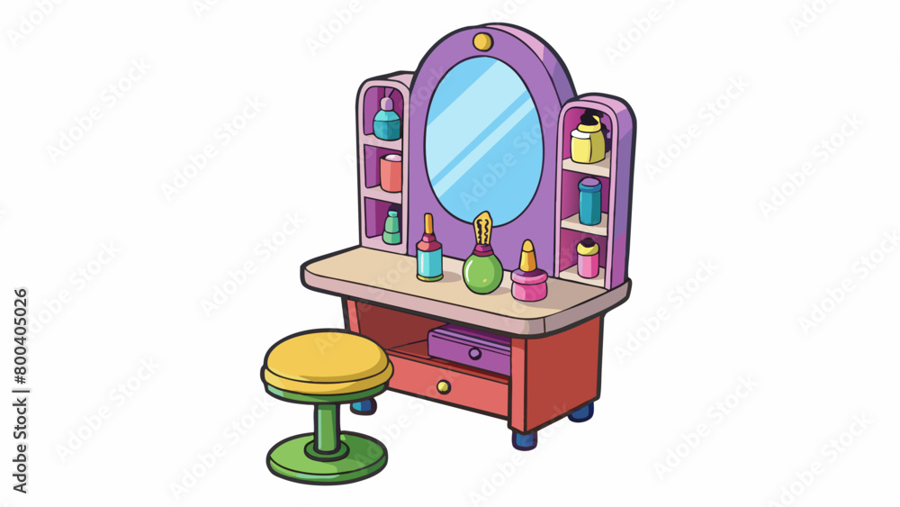 Poster a mini salon station that includes a mirror chair and shelf filled with pretend hair products for ho