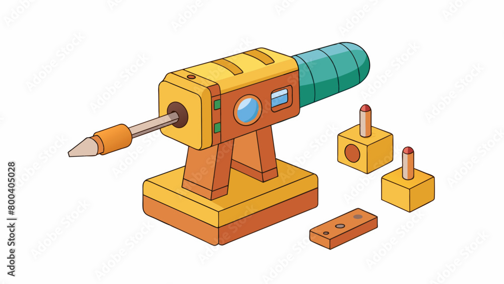 Poster A mini toy tool set featuring a drill level and chisel. The tools are constructed of durable wood and painted in vibrant colors. The drill has a. Cartoon Vector.