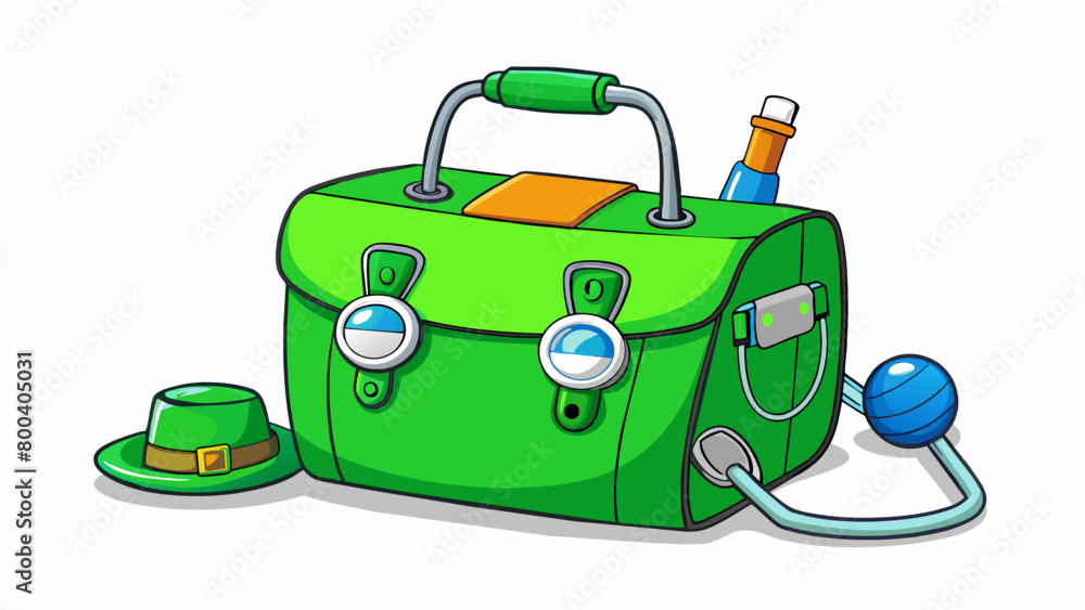 Poster a mini suitcasestyle doctors bag made of bright green faux leather with a sy handle and a latch clos