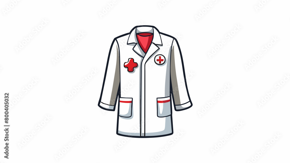 Poster a miniature white lab coat perfect for a young aspiring doctor. the coat is detailed with a red cros