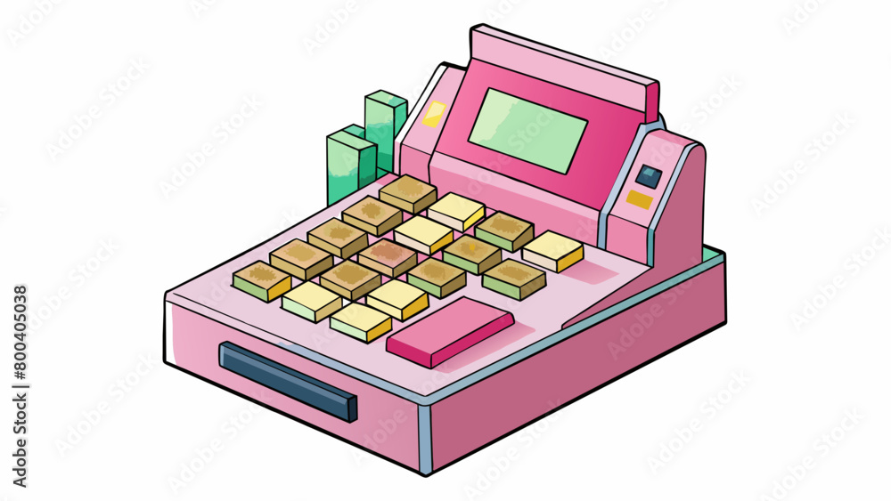 Poster a miniature pink cash register with a builtin calculator and microphone for little ones to practice 