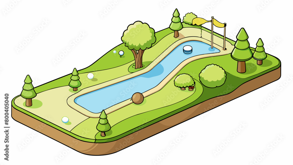 Poster A miniature version of a golf course with artificial turf and a series of undulating slopes. The greens are lined with small meticulous trees and. Cartoon Vector.