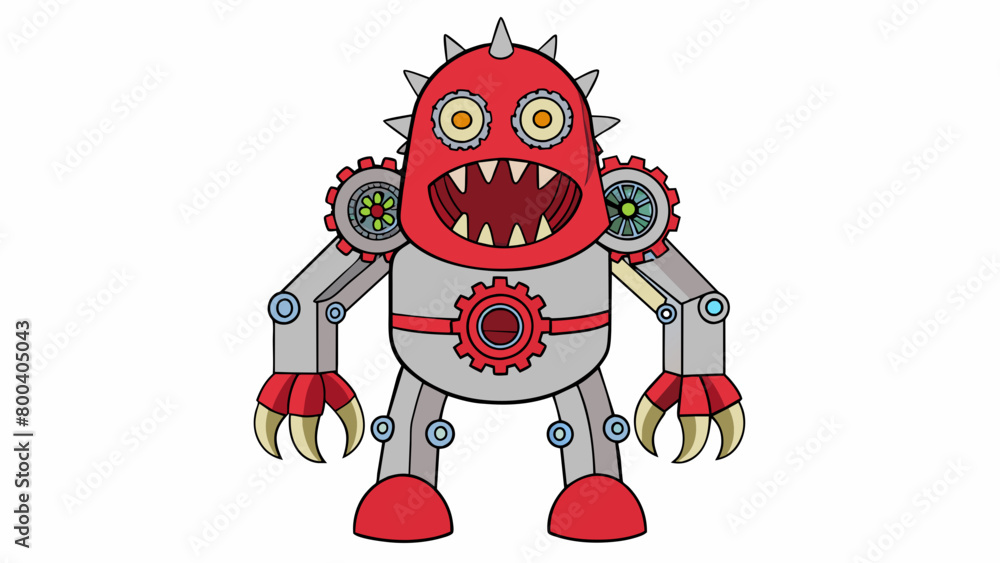 Poster A mechanical monstrosity with gears whirring and steam hissing from its joints its clunky metal form standing a head above any human. Its glowing red. Cartoon Vector.