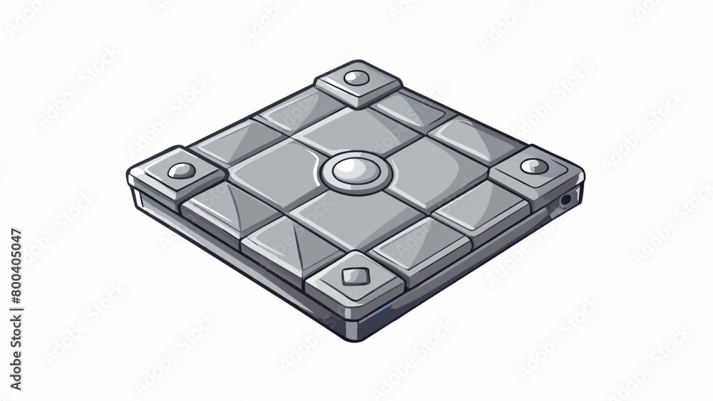 Poster A metal tile This building block is made of heavy metal with a flat square shape and a shiny surface. It has a magnetic backing allowing it to be. Cartoon Vector.