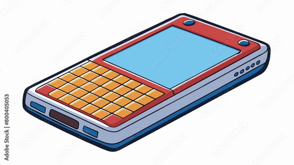 Poster A mobile phone with a slideout keyboard and a full touch screen display. The back of the phone has a textured finish providing a firm and comfortable. Cartoon Vector.