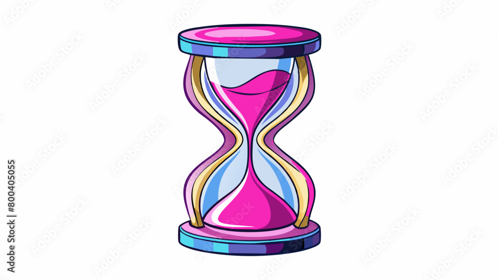 Poster a modern hourglass made of sleek chrome with neon pink sand that flows from one bulb to the other in