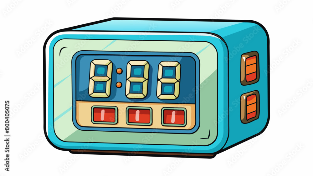 Poster A modern digital clock with a square shape and LED display. It can be hung on the wall or p on a desk. The numbers are bright and the clock has. Cartoon Vector.