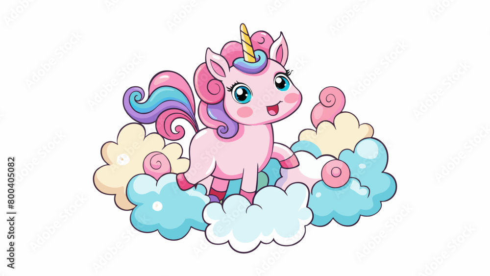Poster a mischievous baby unicorn with a rosy pink coat and a spiraling neon horn gleefully bounding throug