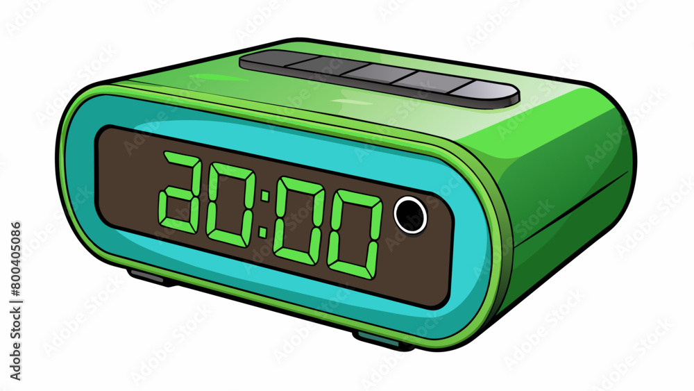 Poster A modern alarm clock with a sleek black plastic body. It has a large digital display that shows the time in bright green numbers. The clock also has a. Cartoon Vector.