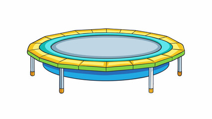 A mini trampoline with a compact design perfect for indoor use. The frame is made of lightweight metal and features brightly colored padding around. Cartoon Vector.