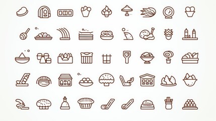 Various food icons presented in a line art style, capturing the essence of each item in a simplistic and artistic manner, perfect for culinary projects