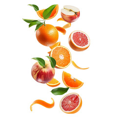 set of citrus fruit falling isolated no background 