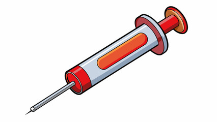A miniature plastic syringe that can be filled with water a red plunger to push it out and a clear plastic tube for pretend injections.  on white. Cartoon Vector. - obrazy, fototapety, plakaty