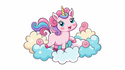 A mischievous baby unicorn with a rosy pink coat and a spiraling neon horn gleefully bounding through a field of candycolored clouds dotted with. Cartoon Vector.